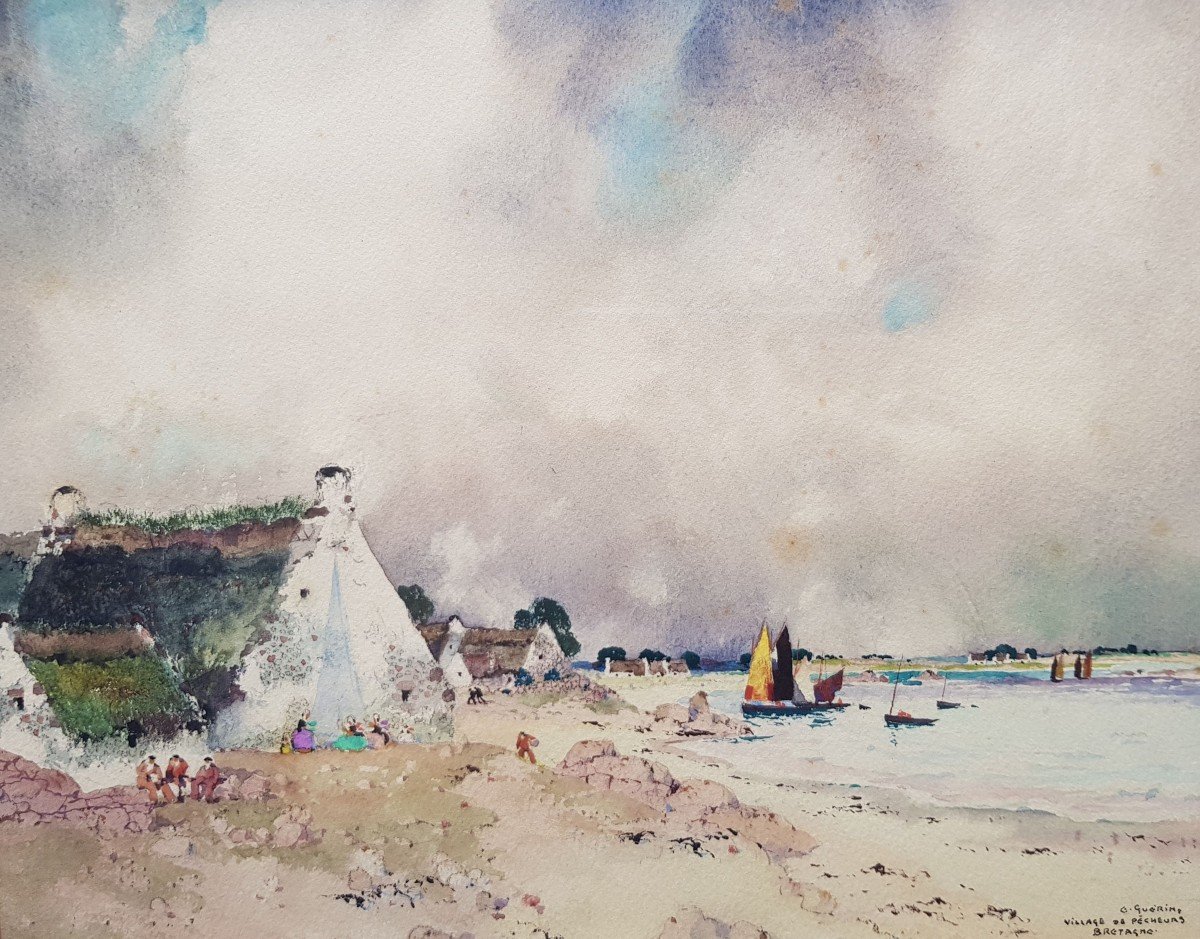 Ernest GUÉRIN - Aquarelle - Voiliers dans le port, Bretagne-photo-3