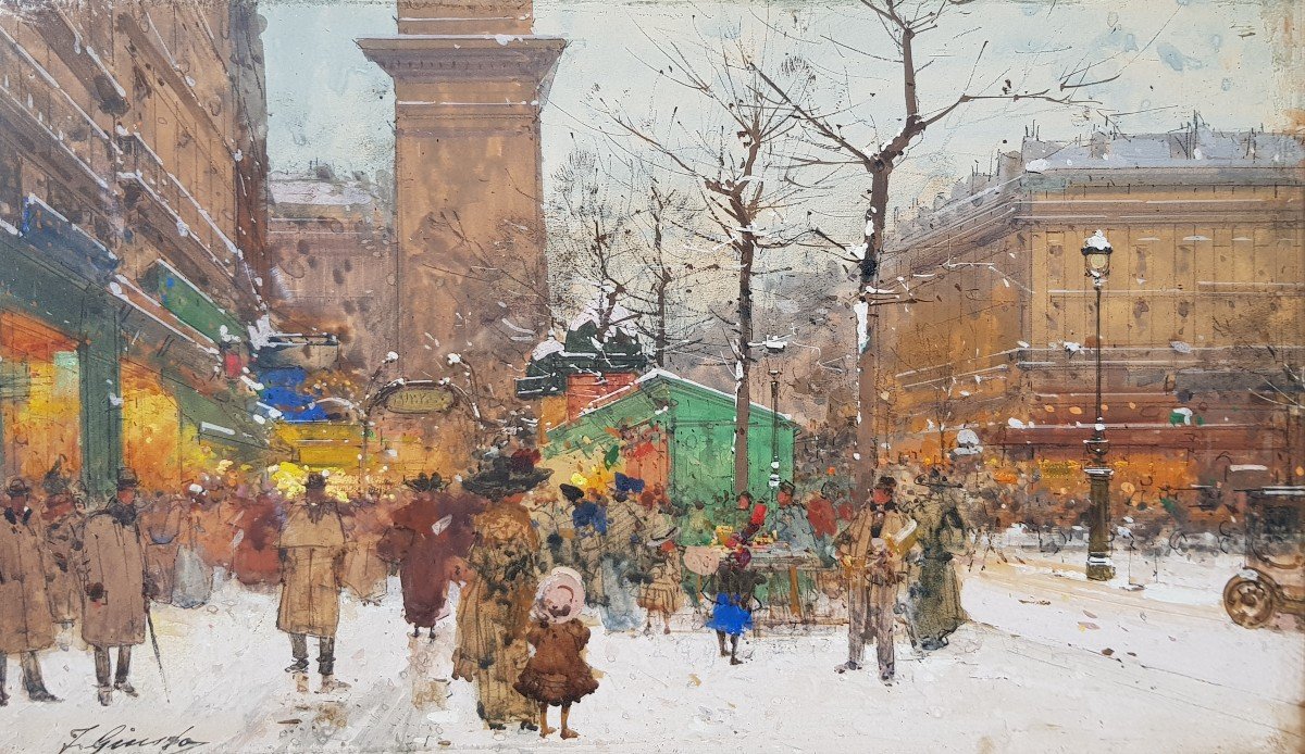 Galien Laloue - Gouache - Snowy Boulevard, Paris-photo-2