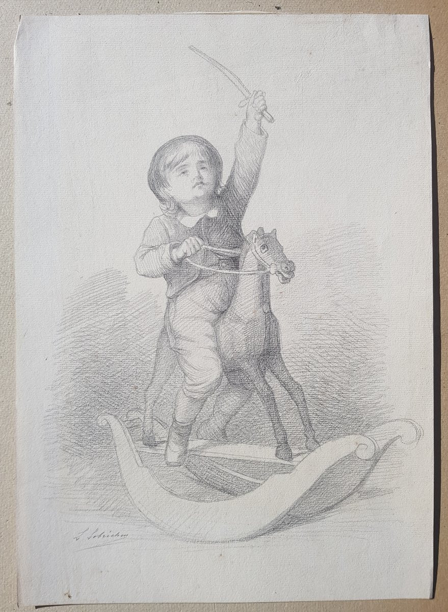 LOBRICHON - Grand dessin XIXè - Le cheval à bascule-photo-3