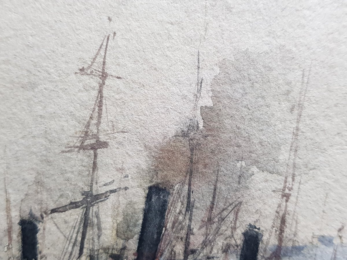 Aquarelle XIXè - Bateaux au port - Annotée "E.BOUDIN"-photo-6