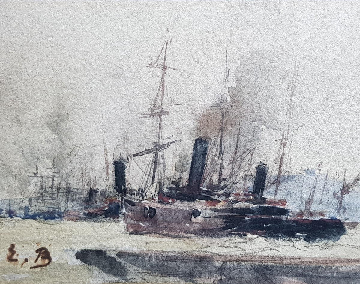 Aquarelle XIXè - Bateaux au port - Annotée "E.BOUDIN"