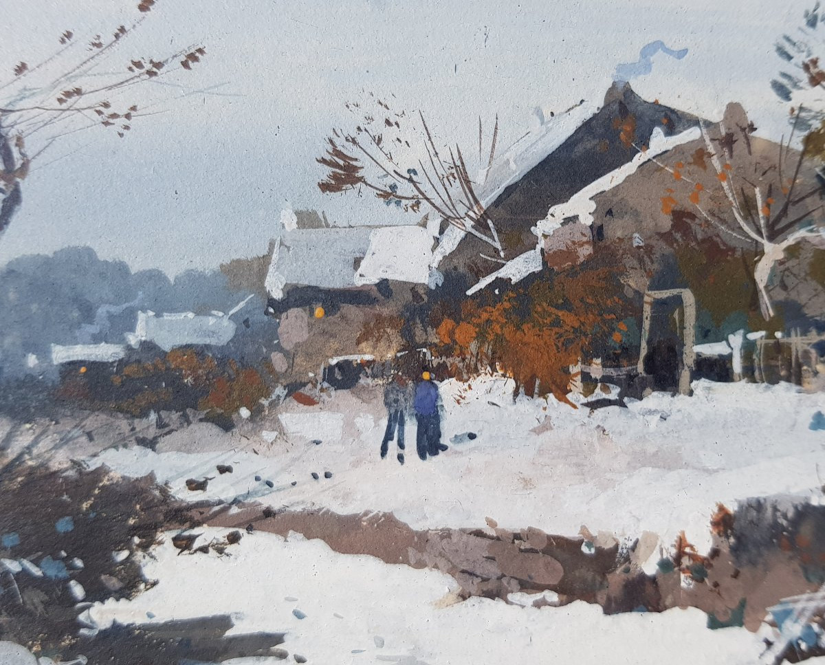 GALIEN LALOUE - Gouache - Village sous la neige-photo-1