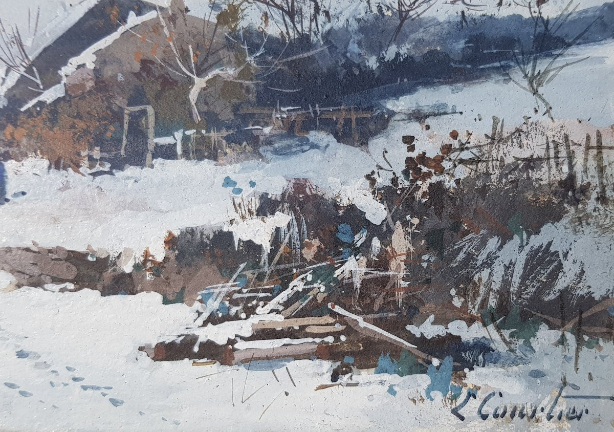 GALIEN LALOUE - Gouache - Village sous la neige-photo-4