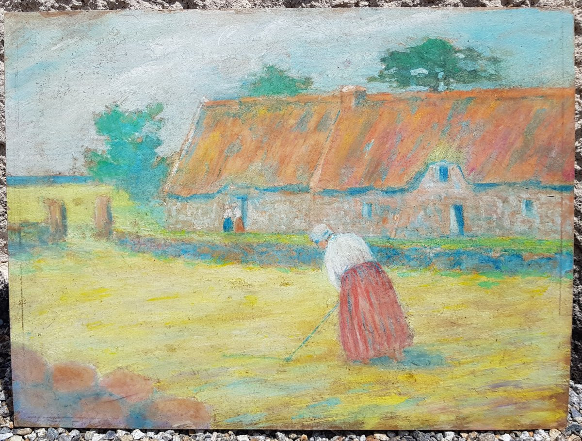 DELAVALLÉE - Huile c.1890 - Pont Aven - Batteuse de blé -photo-2