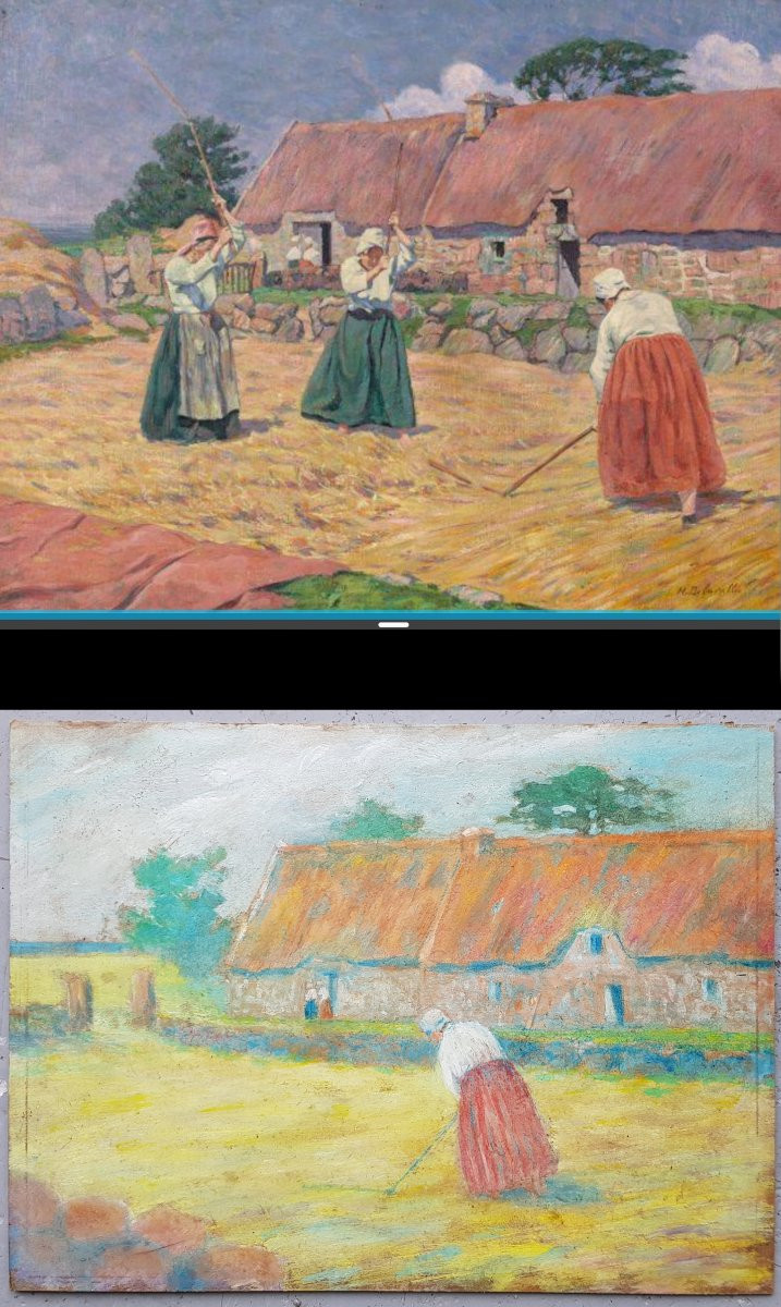 DELAVALLÉE - Huile c.1890 - Pont Aven - Batteuse de blé -photo-8