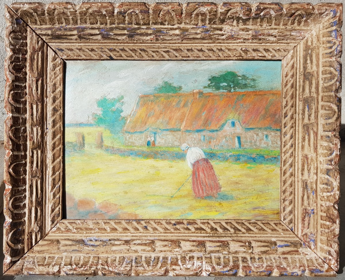 DELAVALLÉE - Huile c.1890 - Pont Aven - Batteuse de blé 