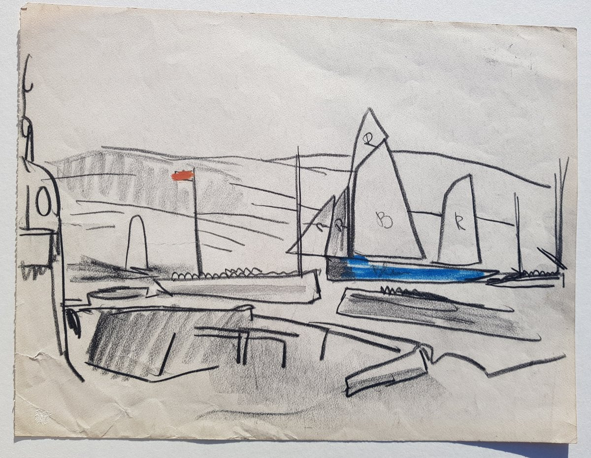 Mathurin Meheut - Drawing - Sailboat In The Port -photo-4