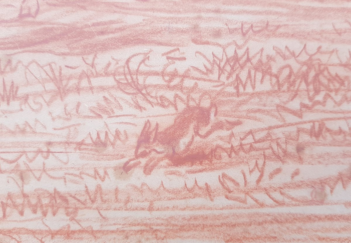 Daubigny - Red Chalk Drawing - Cows By The River-photo-6
