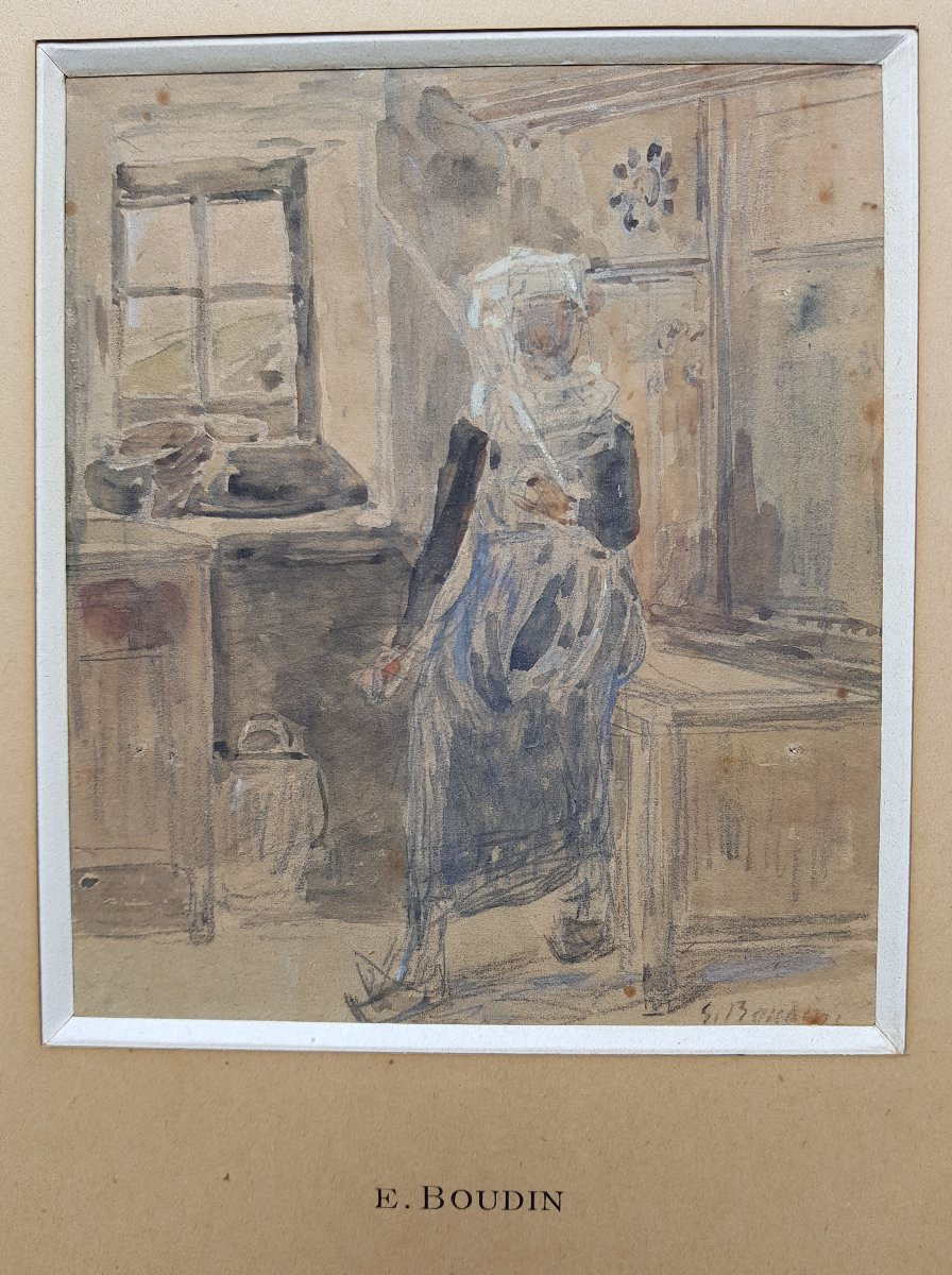 Eugène BOUDIN - Aquarelle - Bretonne dans un intérieur-photo-4