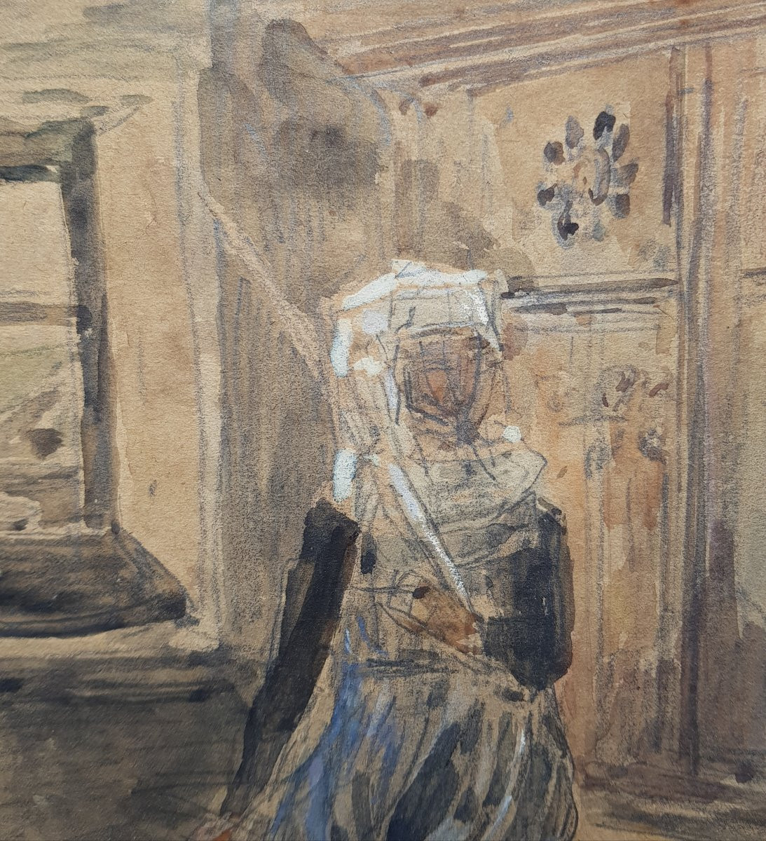 Eugène BOUDIN - Aquarelle - Bretonne dans un intérieur-photo-6