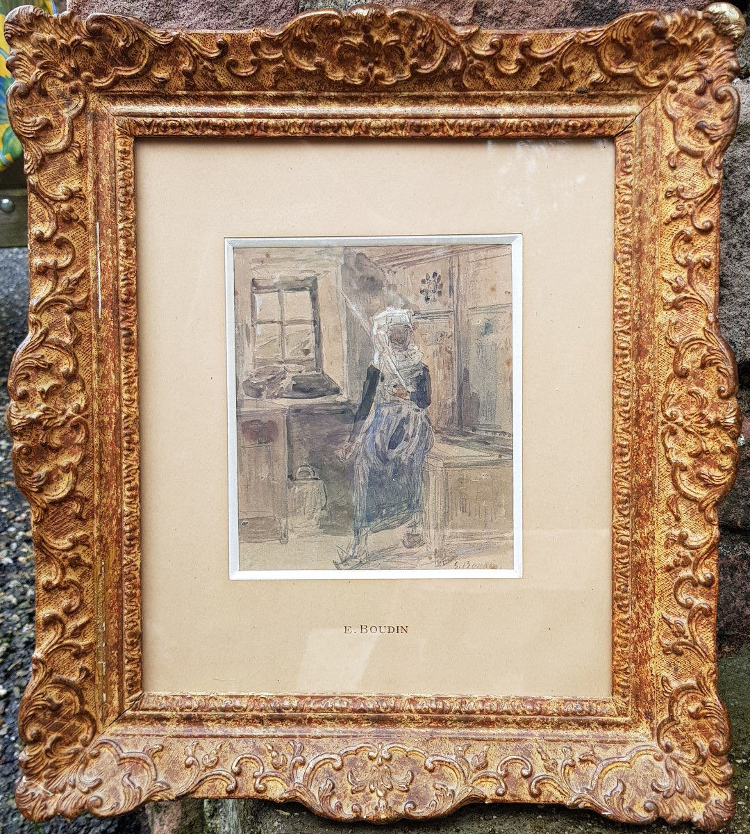 Eugène BOUDIN - Aquarelle - Bretonne dans un intérieur