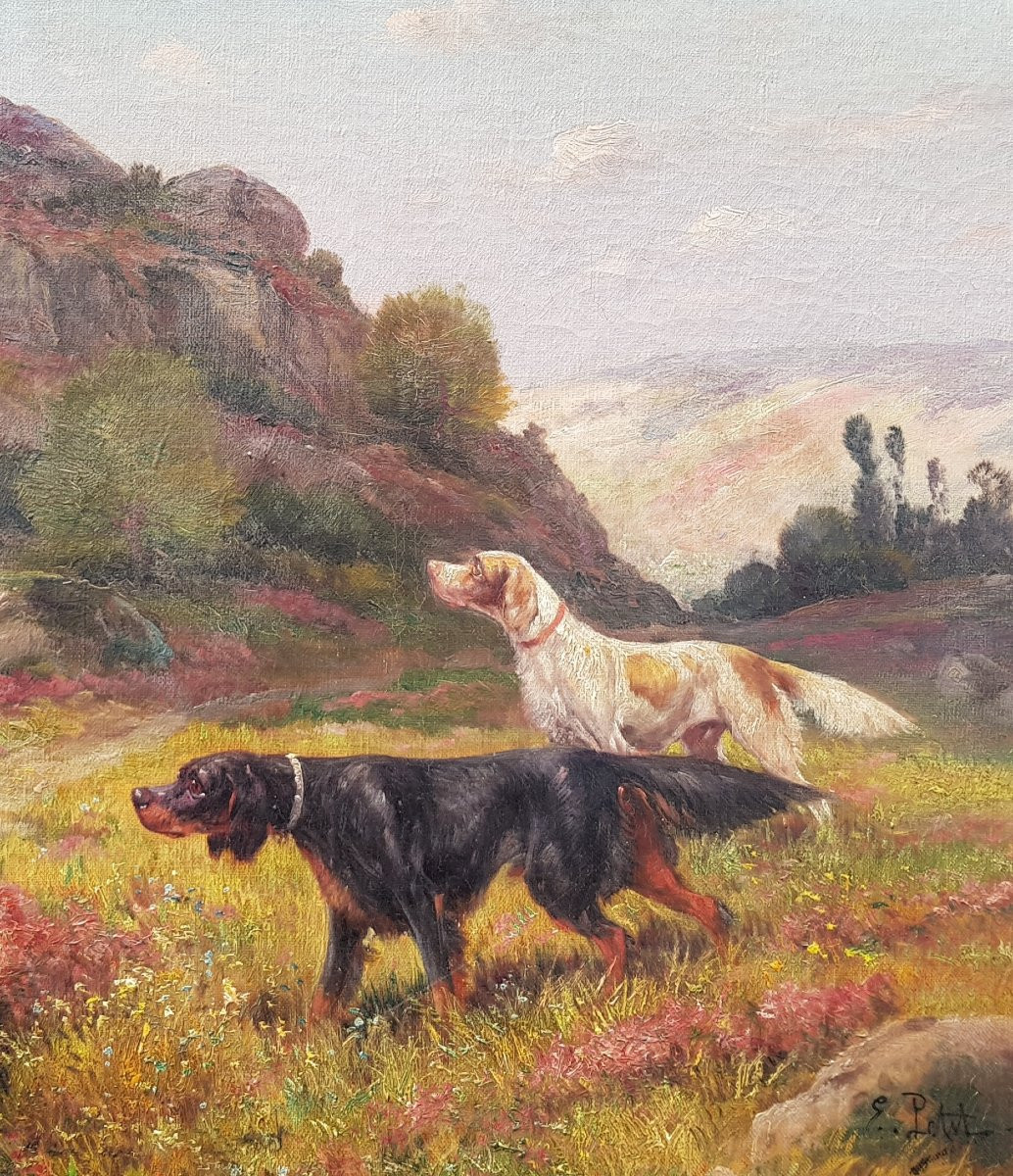 Eugène PETIT - Huile sur toile XIXè - Chiens de chasse-photo-3