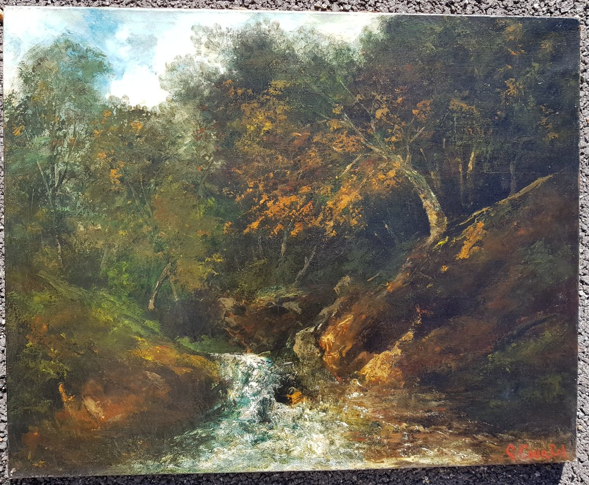 COURBET - Huile sur toile c.1870 - Cascade en forêt-photo-3