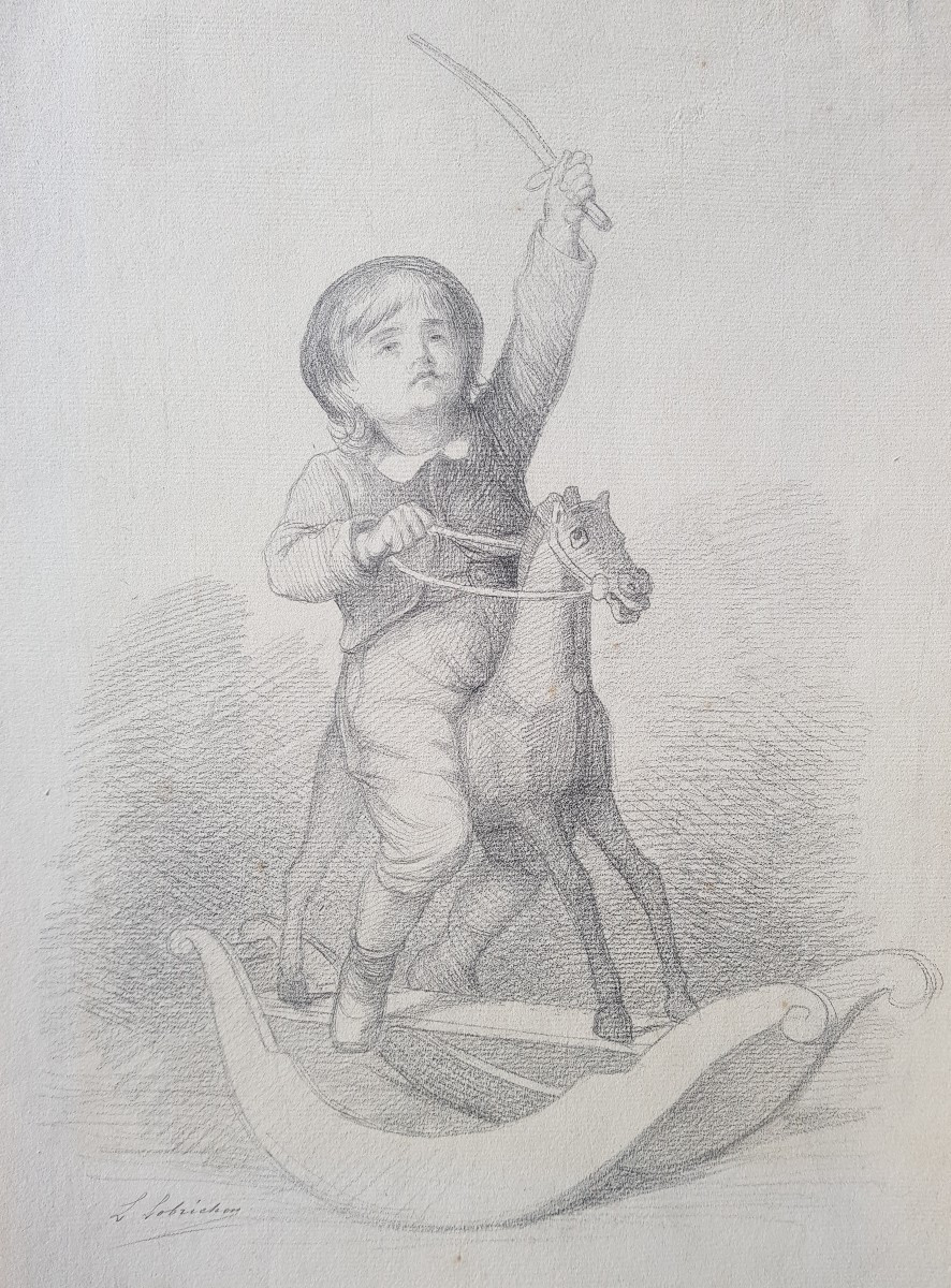 LOBRICHON - Grand dessin XIXè - Le cheval à bascule