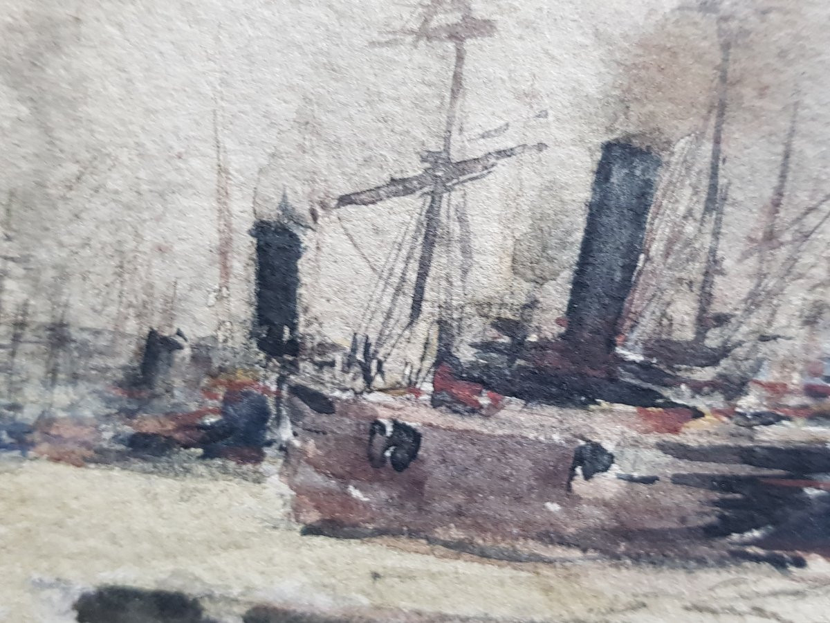 19th Watercolor - Boats In Port - Boudin-photo-7
