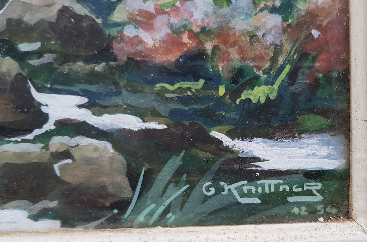 Grande gouache XXè - Signée - Ruisseau en sous-bois-photo-4