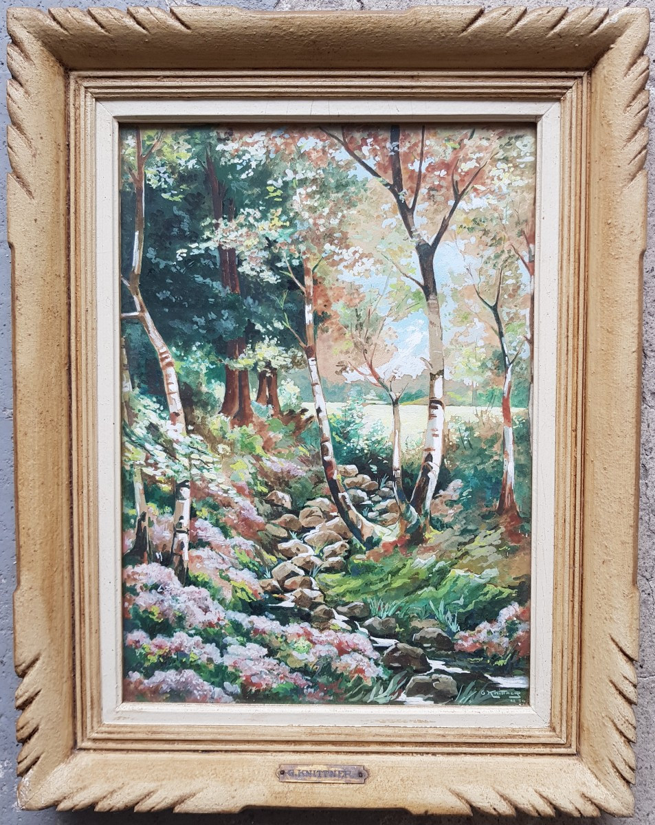 Grande gouache XXè - Signée - Ruisseau en sous-bois