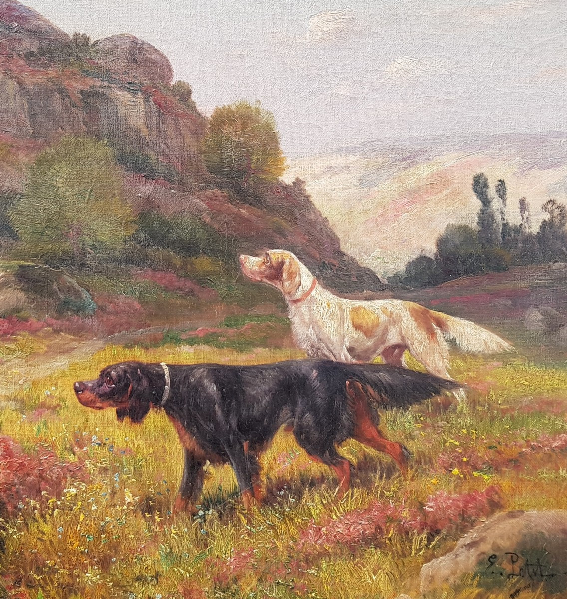 Eugène PETIT - Huile sur toile XIXè - Chiens de chasse