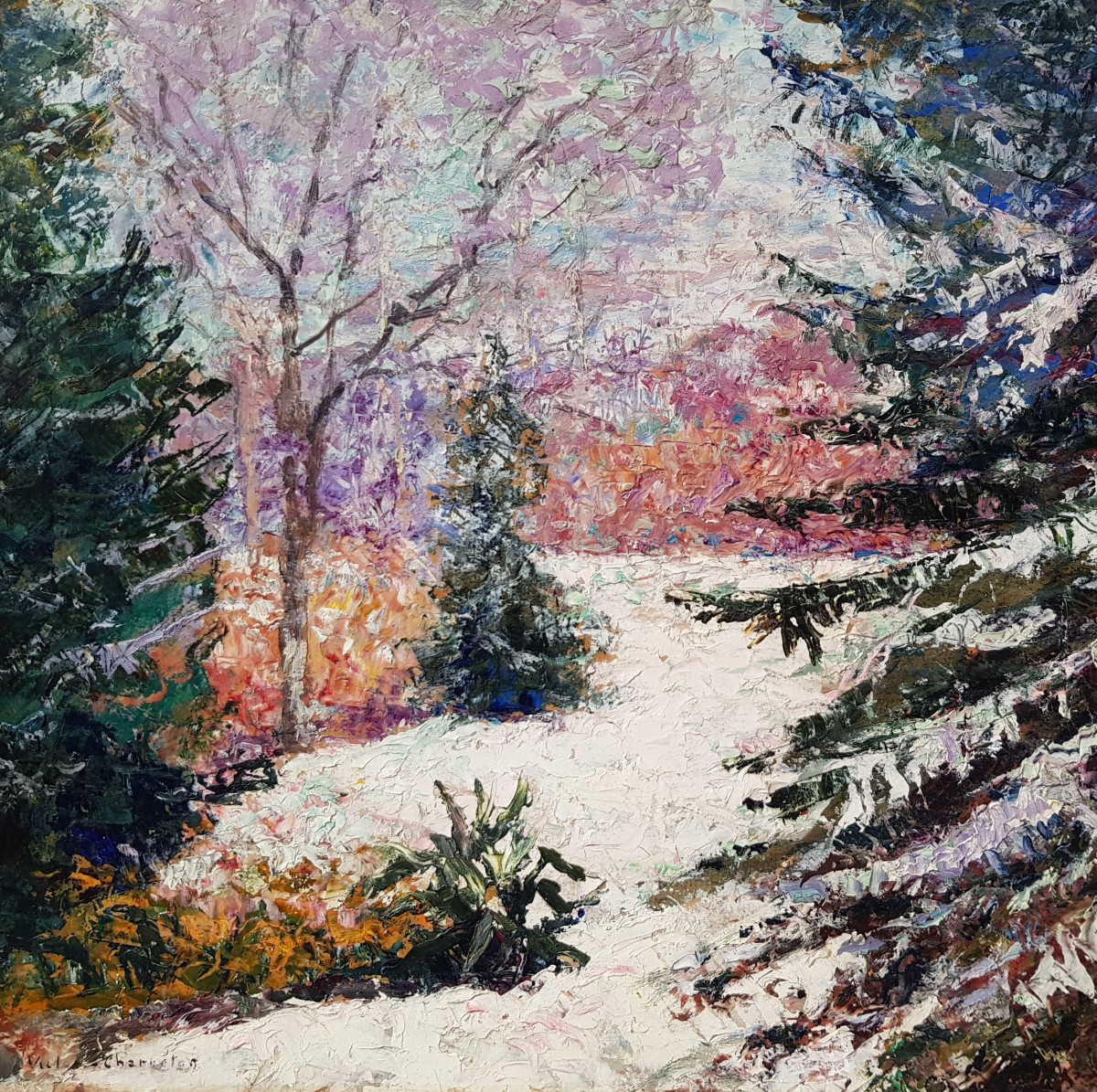 Victor CHARRETON - Huile sur carton - Forêt sous la neige 