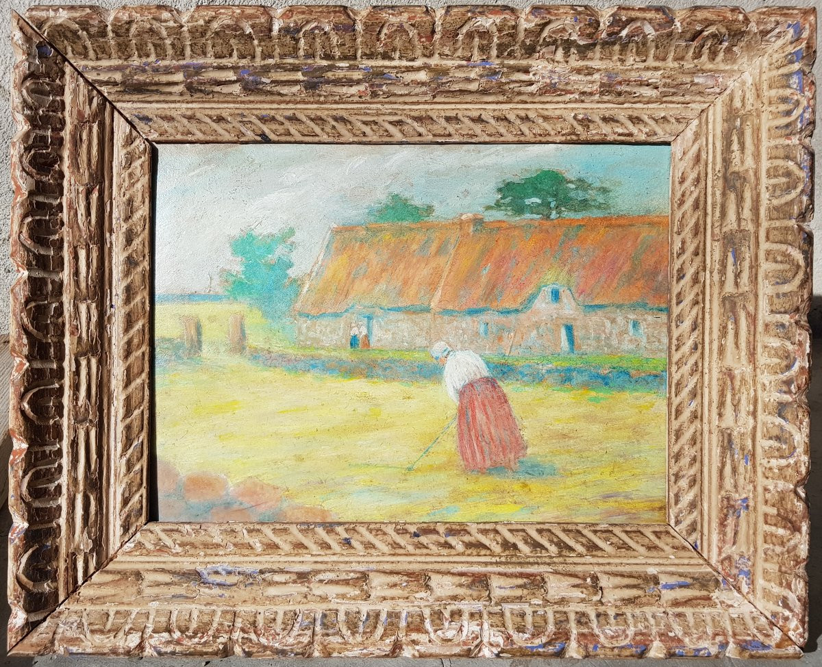 DELAVALLÉE - Huile 1890 - Batteuse de blé - Pont Aven-photo-2