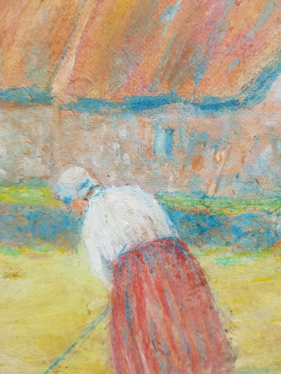 DELAVALLÉE - Huile 1890 - Batteuse de blé - Pont Aven-photo-2