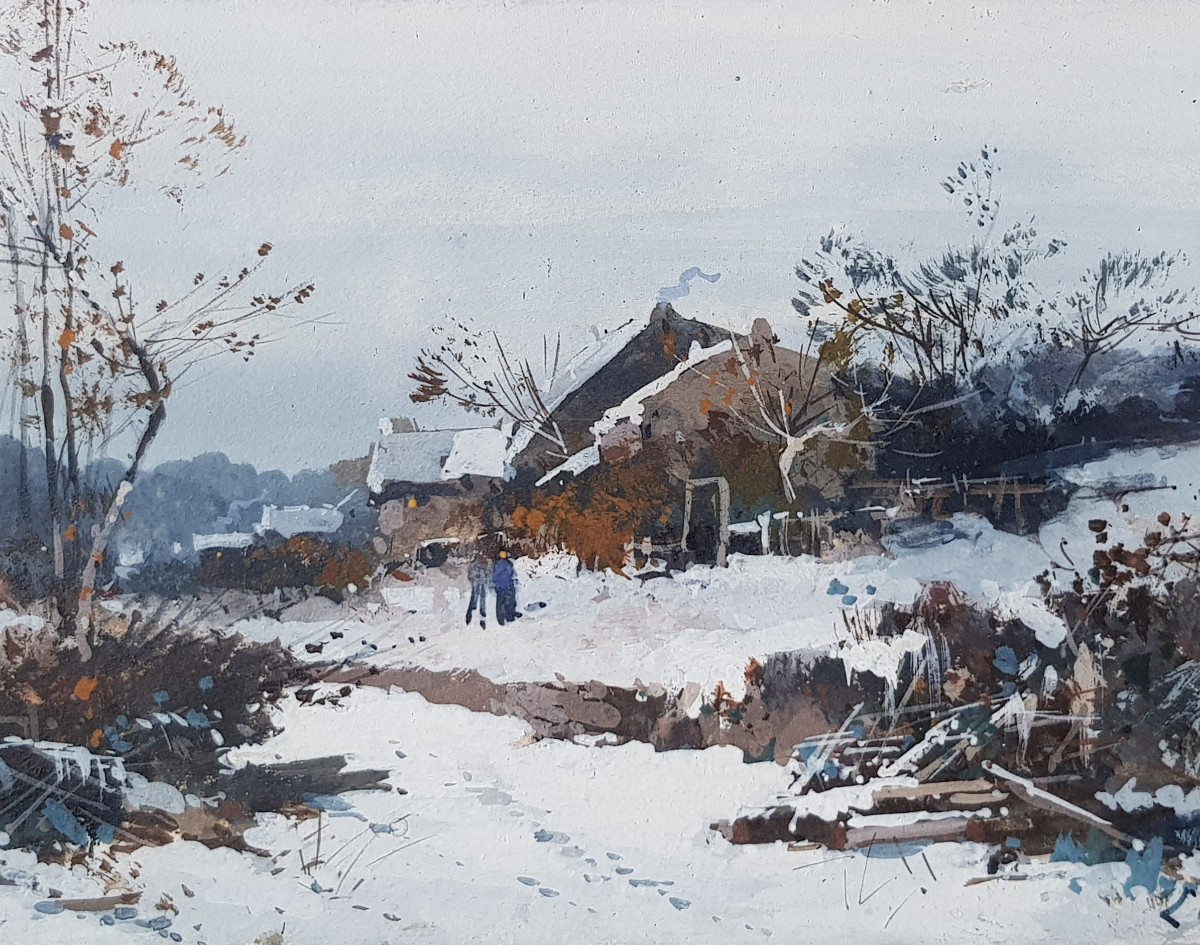 GALIEN LALOUE - Gouache - Village sous la neige