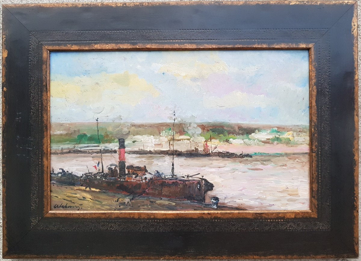 Albert Lebourg - Oil On Panel - Boats In Rouen