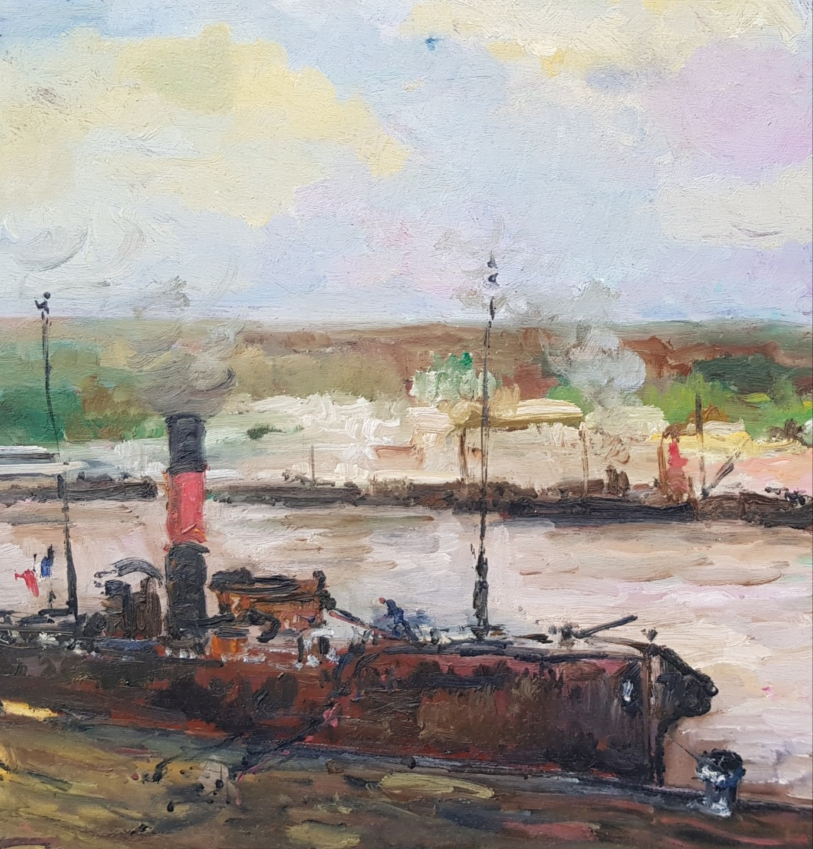 Lebourg - Impressionism - Oil On Panel - Boats In Rouen