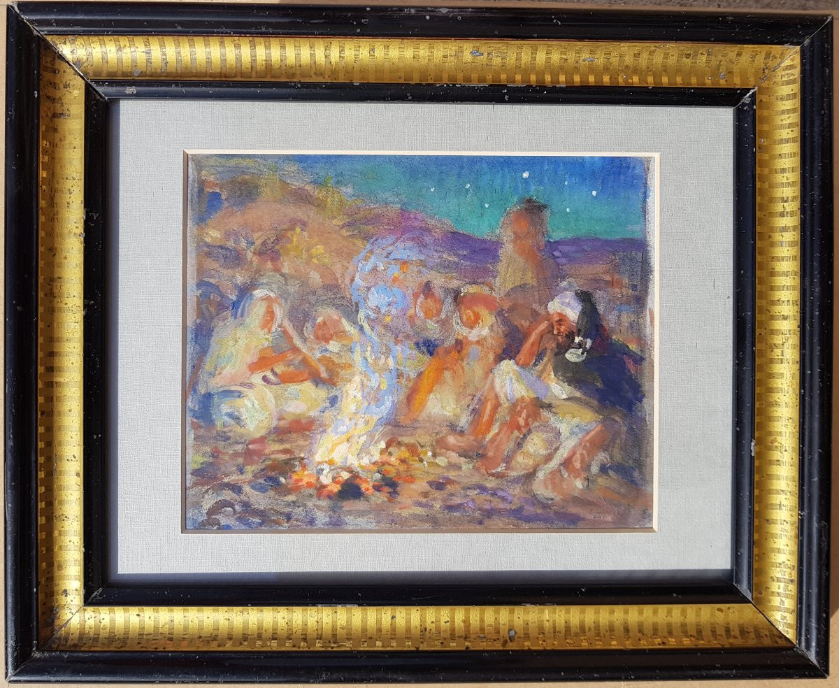 Etienne DINET - Gouache orientaliste - Feu de camp-photo-3