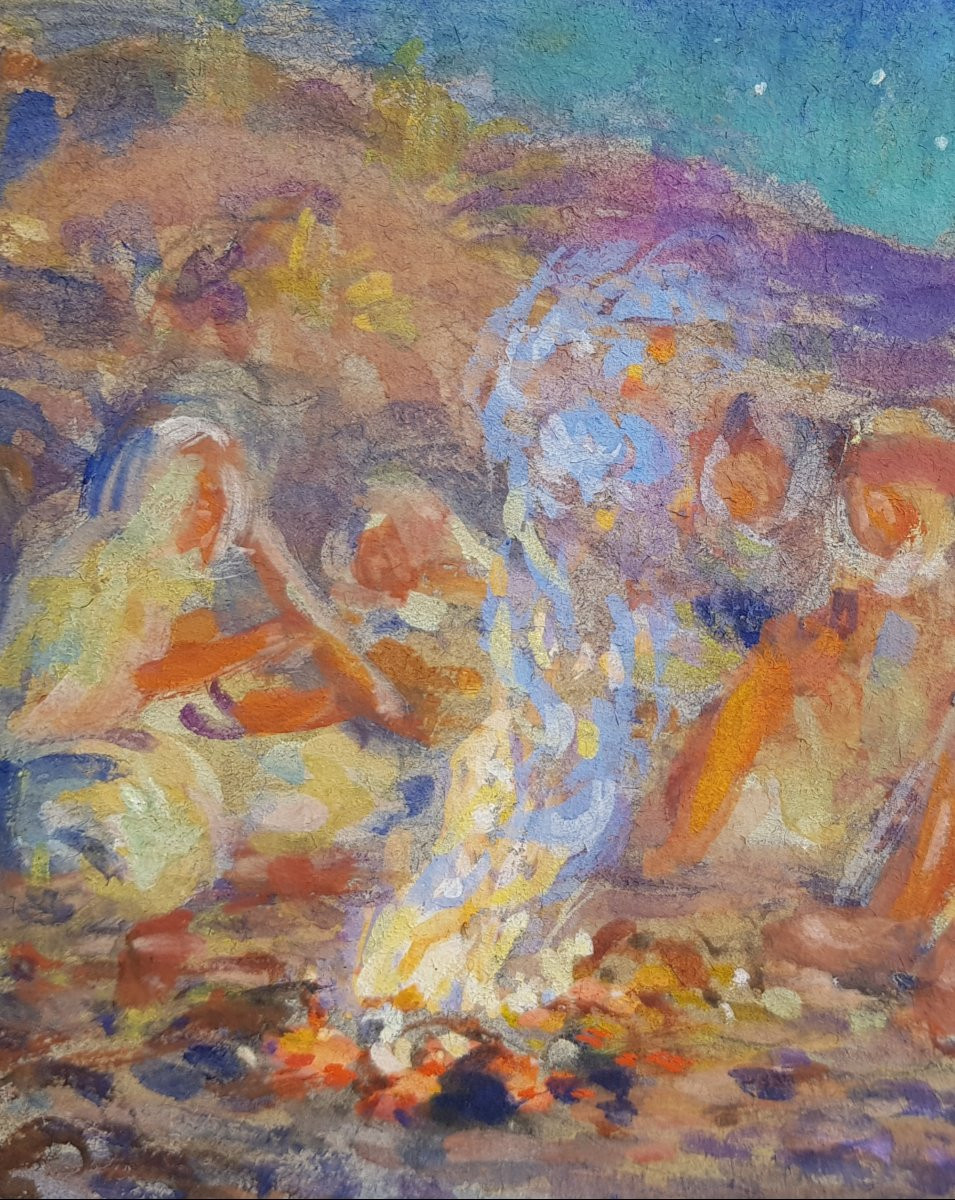 Etienne DINET - Gouache orientaliste - Feu de camp-photo-1
