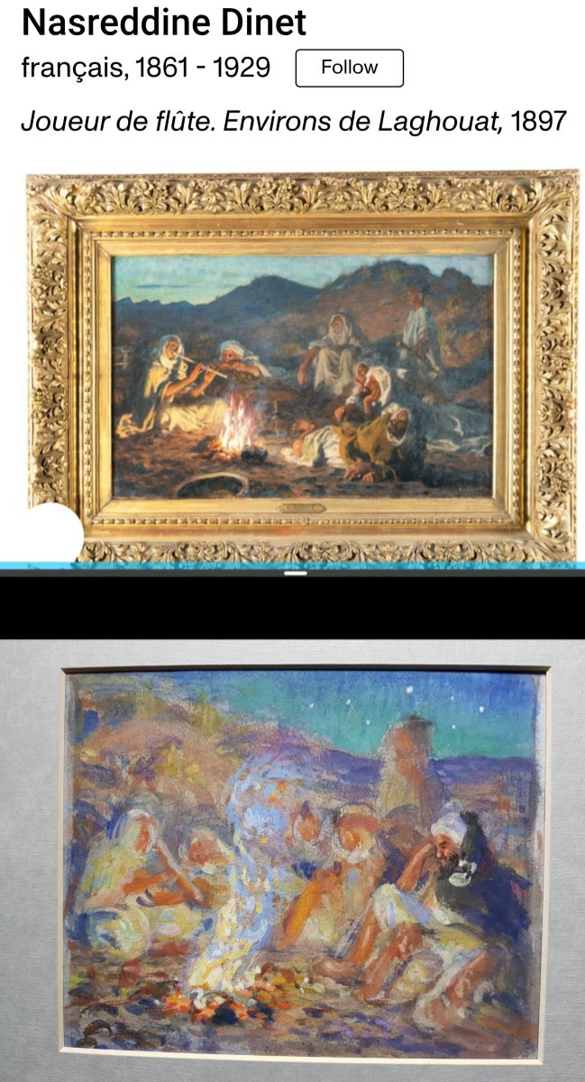 Etienne DINET - Gouache orientaliste - Feu de camp-photo-2