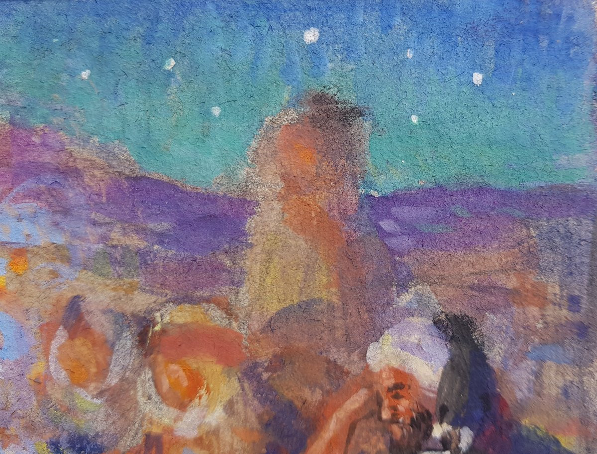 Etienne DINET - Gouache orientaliste - Feu de camp-photo-4