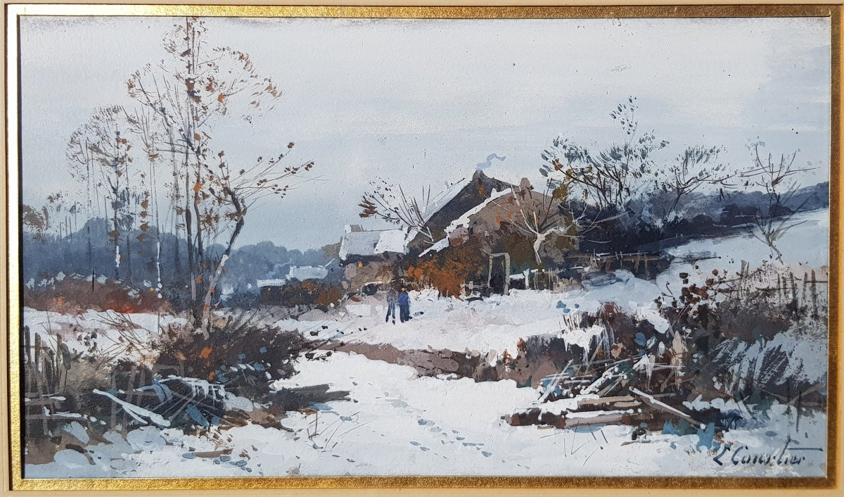 Galien Laloue - Gouache - Village Under The Snow-photo-4