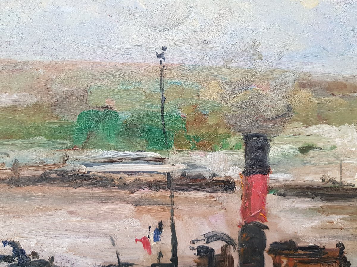 Albert LEBOURG - Huile sur panneau - Bateaux à Rouen-photo-1