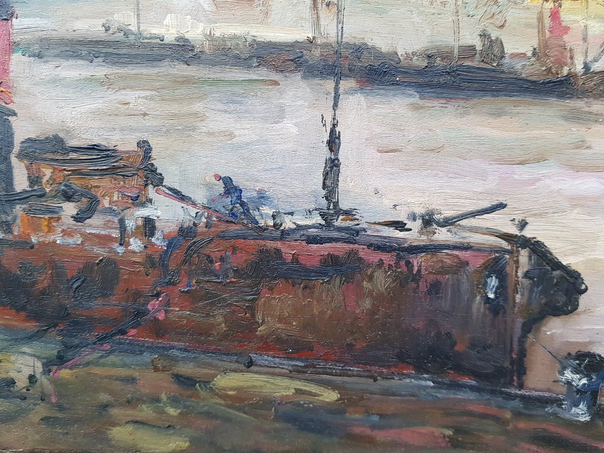 Albert LEBOURG - Huile sur panneau - Bateaux à Rouen-photo-6