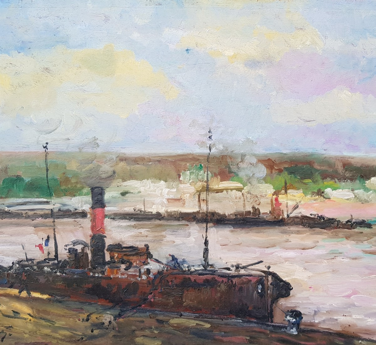 Albert LEBOURG - Huile sur panneau - Bateaux à Rouen