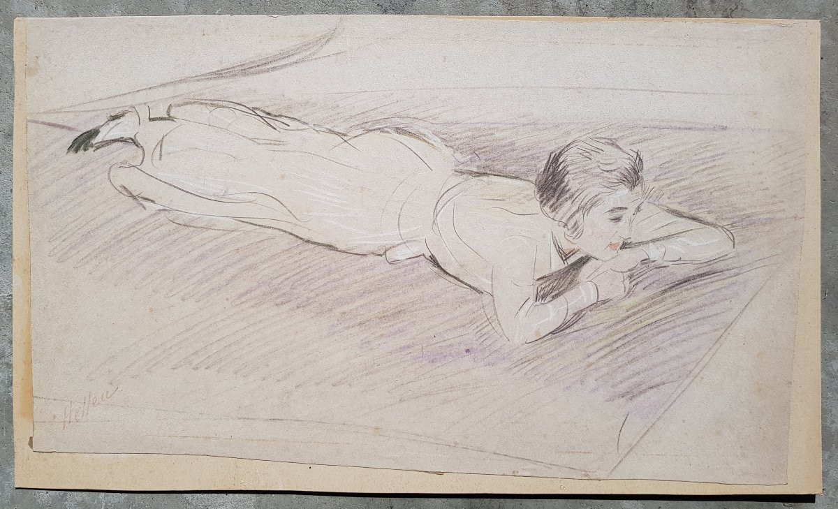 Helleu - Large Drawing 28 X 50 Cms - Dreaming Girl-photo-2