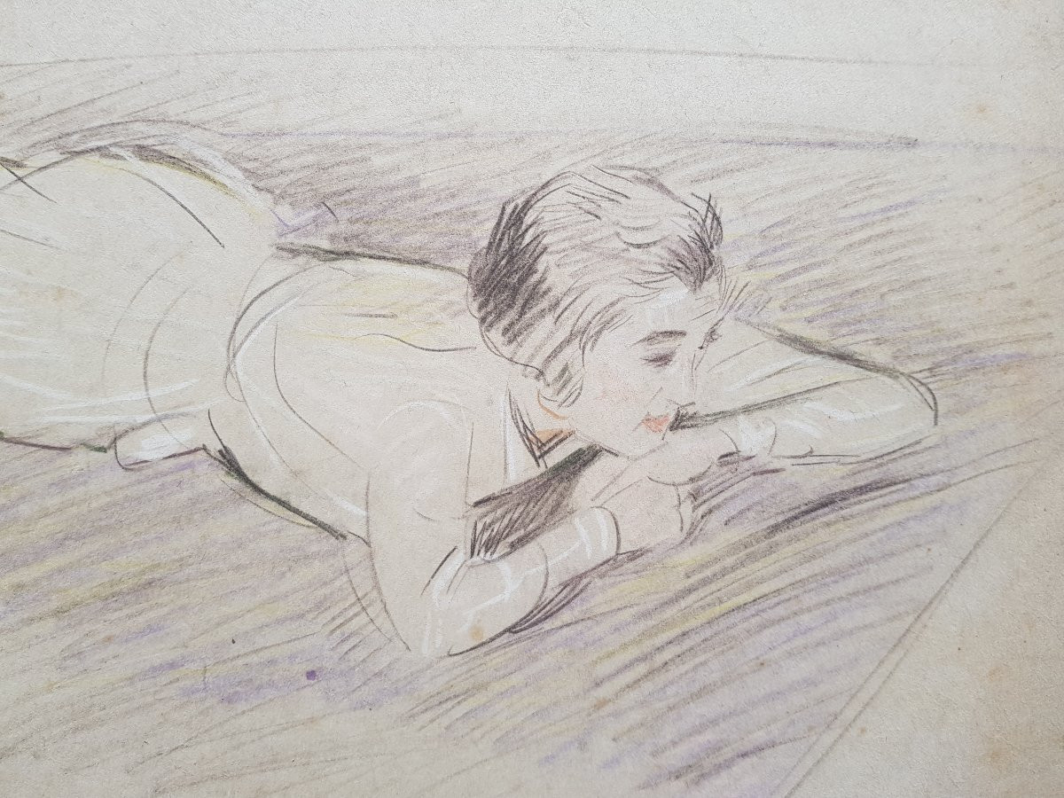 Helleu - Large Drawing 28 X 50 Cms - Dreaming Girl-photo-3