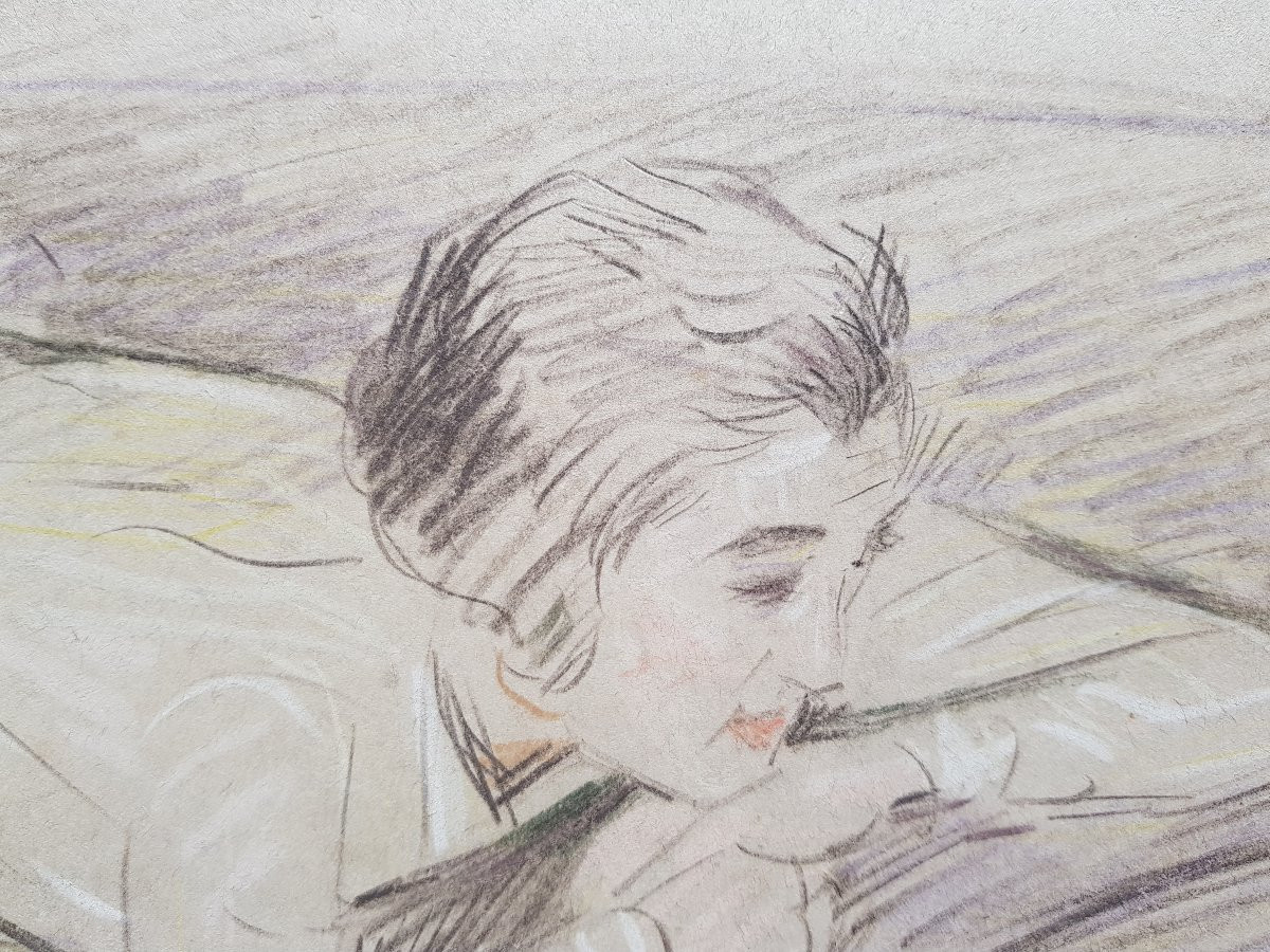 Helleu - Large Drawing 28 X 50 Cms - Dreaming Girl-photo-5