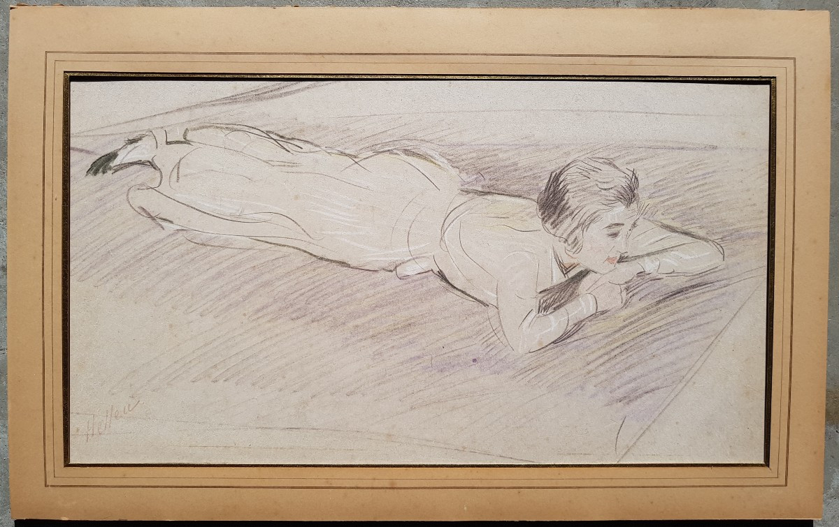 Helleu - Large Drawing 28 X 50 Cms - Dreaming Girl