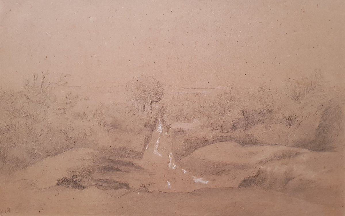 Theodore Rousseau - Large Drawing - Rocky Landscape - 1842-photo-3