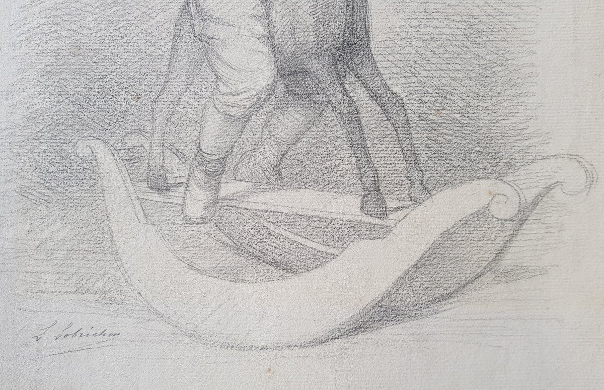 LOBRICHON - Grand dessin XIXè - Le cheval à bascule-photo-2