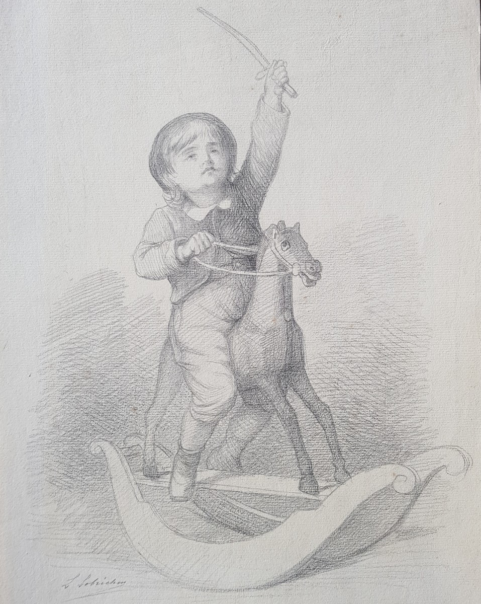 LOBRICHON - Grand dessin XIXè - Le cheval à bascule