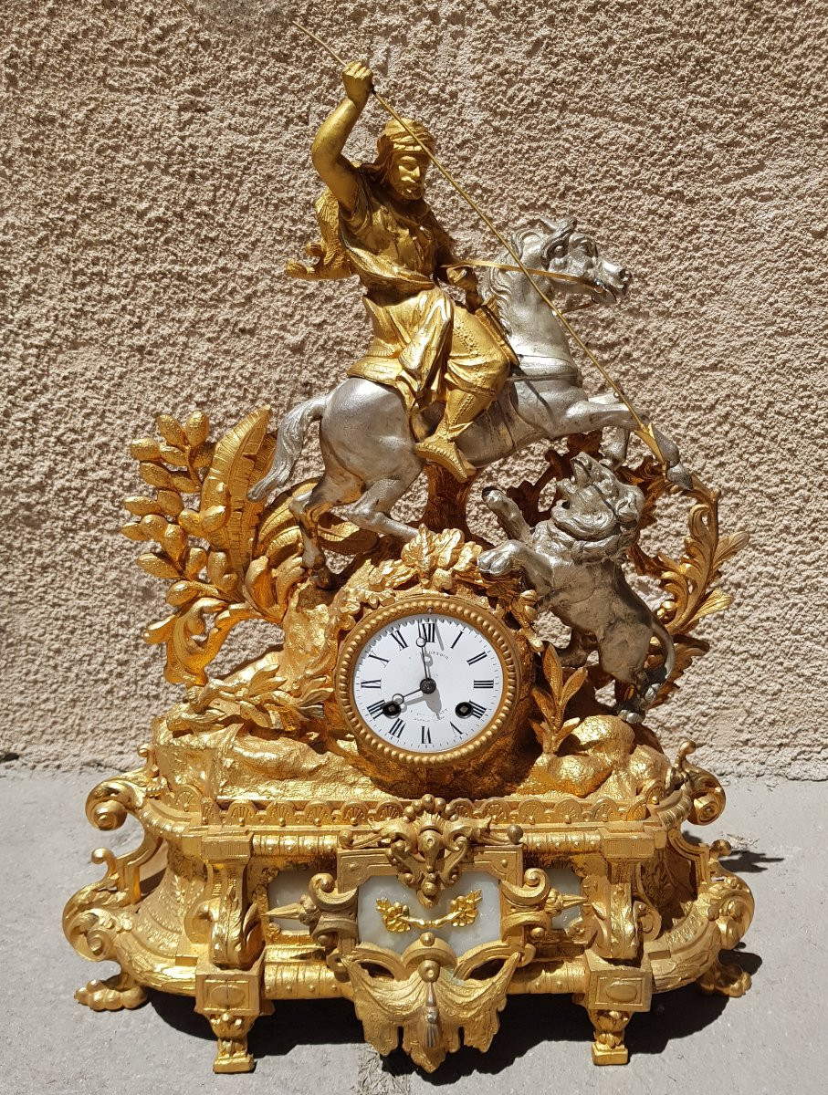 PENDULE orientaliste XIXè - Cavalier arabe, chasse au lion-photo-3