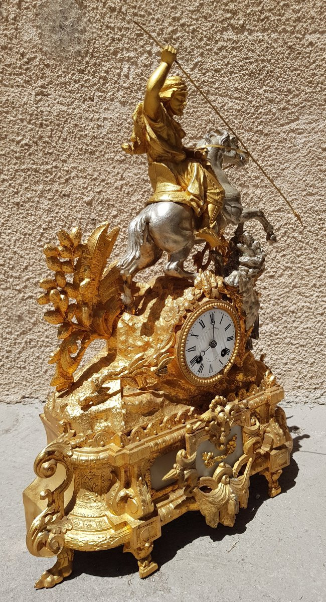 PENDULE orientaliste XIXè - Cavalier arabe, chasse au lion-photo-4