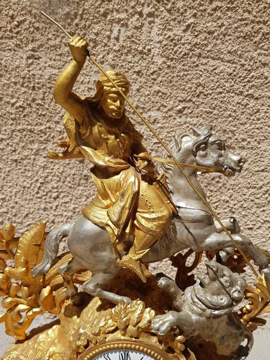 PENDULE orientaliste XIXè - Cavalier arabe, chasse au lion-photo-1