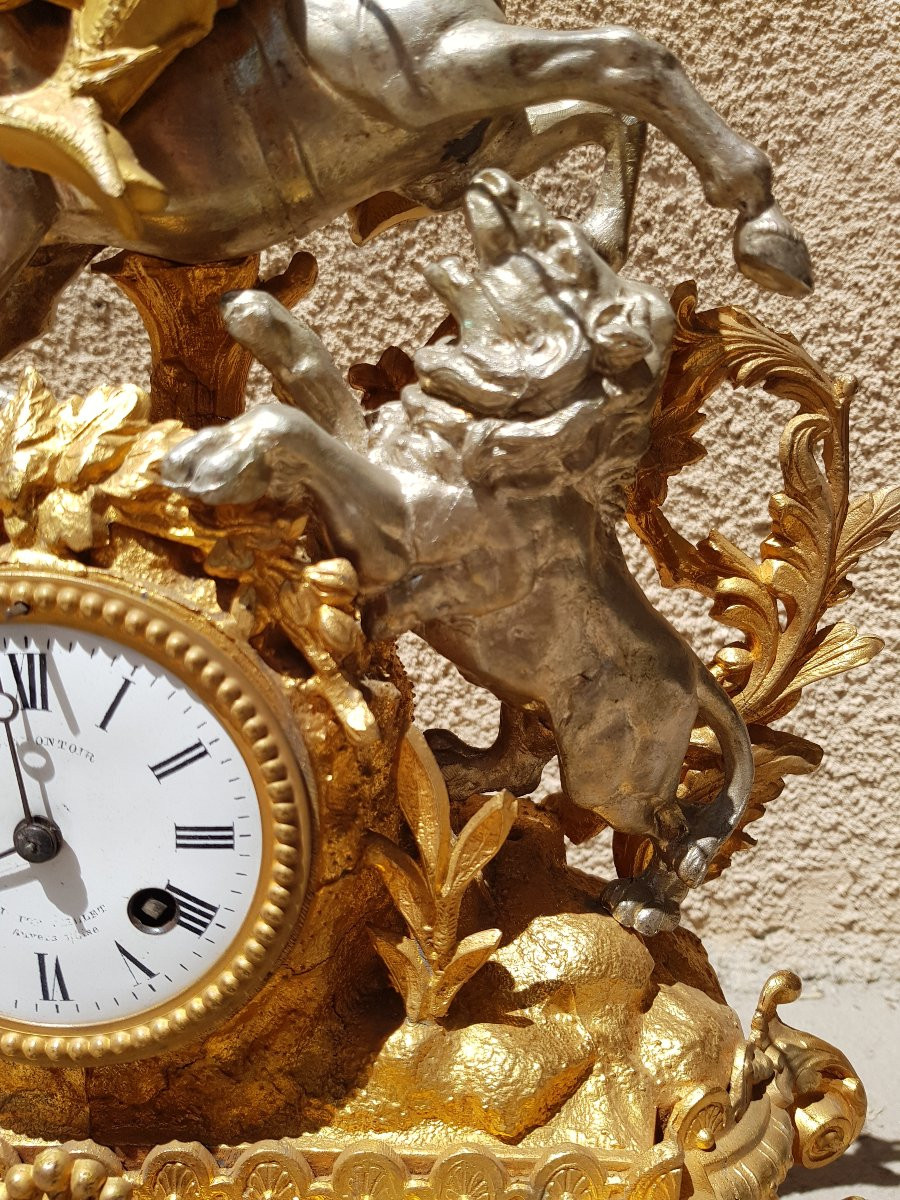 PENDULE orientaliste XIXè - Cavalier arabe, chasse au lion-photo-2
