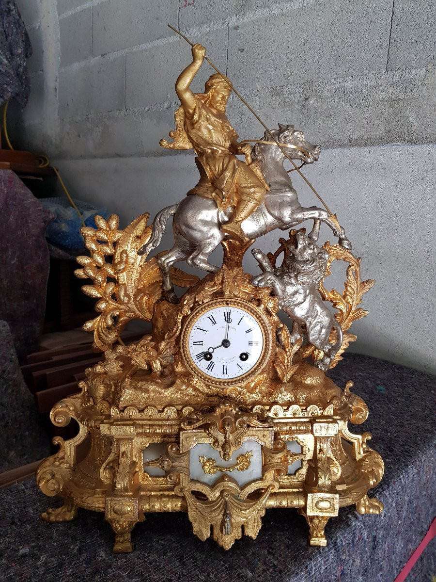 PENDULE orientaliste XIXè - Cavalier arabe, chasse au lion-photo-3