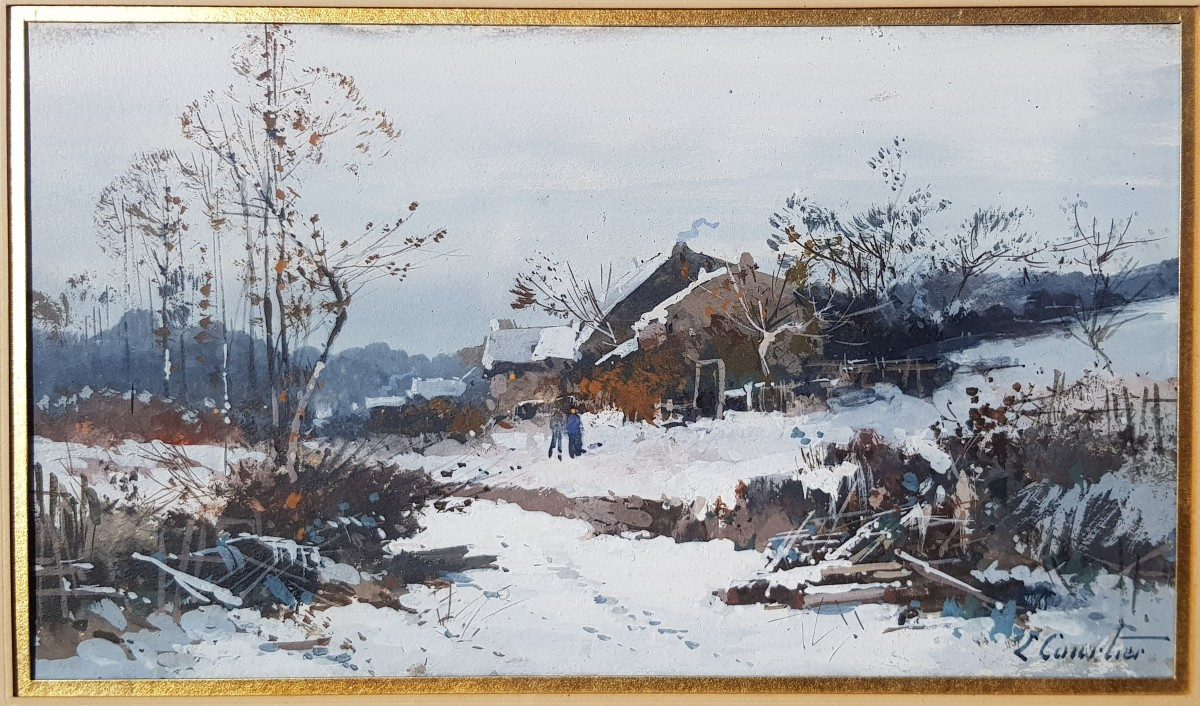 GALIEN LALOUE - Gouache - Village sous la neige