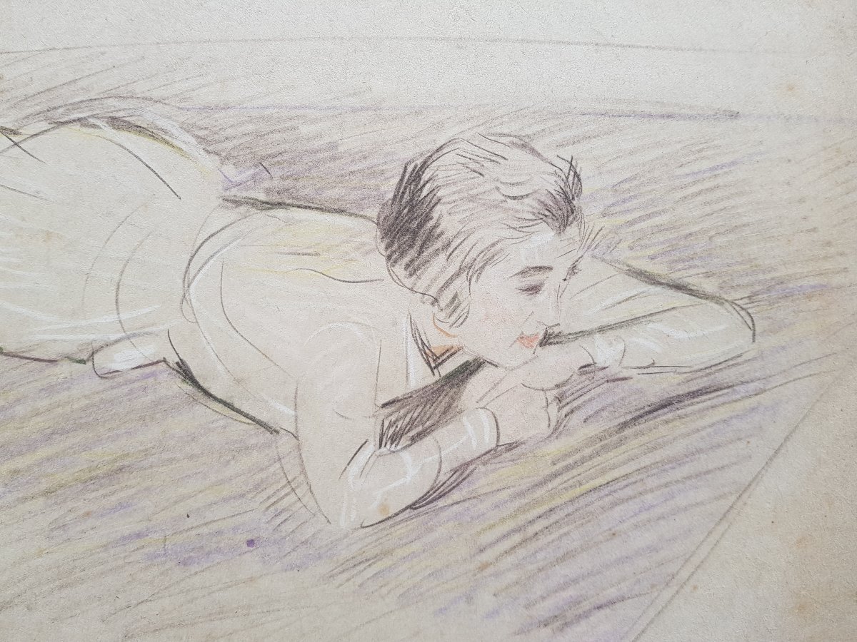 Paul-césar Helleu - Large Drawing - Reclining Girl